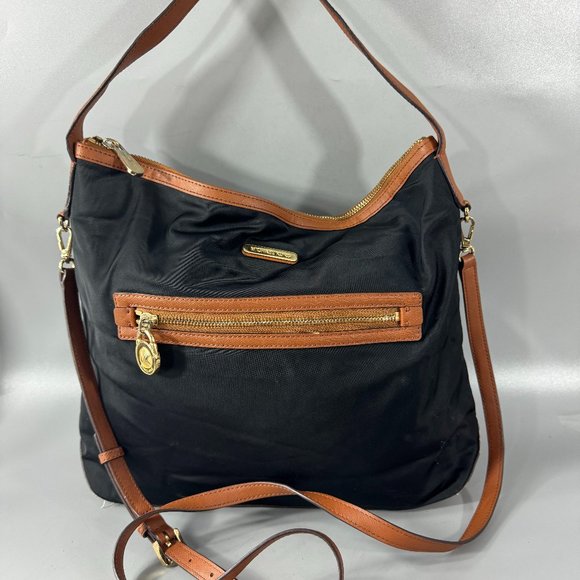 Michael Kors Kempton Black Nylon Brown Leather Accents Hobo/Shoulder/Crossbody - Picture 1 of 14